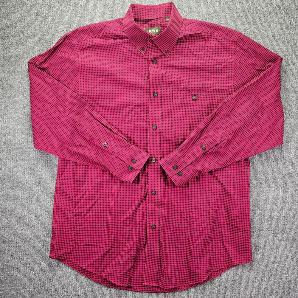 Orvis Shirt Mens Large Red Black Micro Gingham Check Button Down Long Sleeve